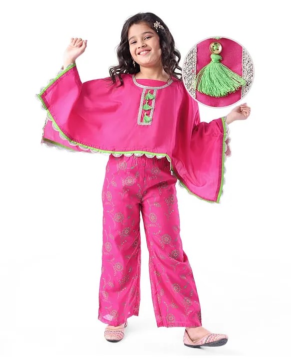 EARTHY TOUCH Earthy Touch Woven Full Sleeves Kaftan Top with Inner & Floral Printed Palazzo & Tassle Detailing - Fuschia